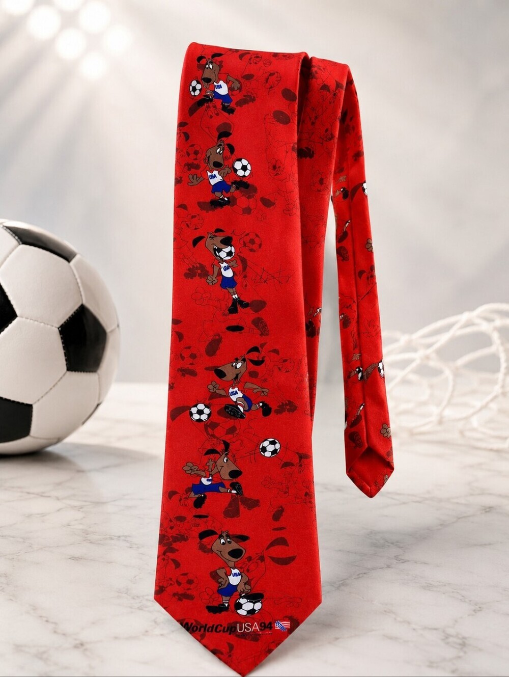 Vintage World Cup USA 94 Soccer Novelty Tie Red Cartoon Dog Necktie Unwornd